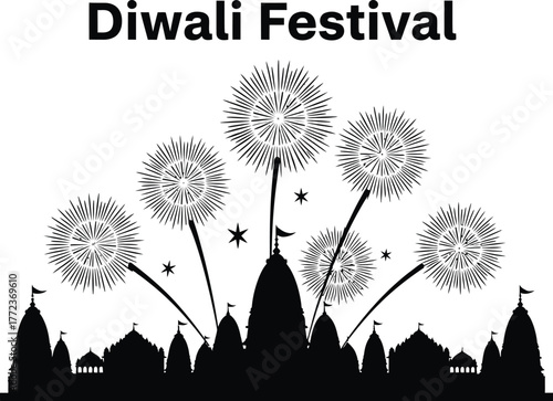 Diwali festival illustration featuring fireworks over temple silhouettes, celebrating festival of lights