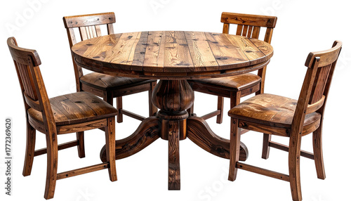 Round wooden table with four matching chairs, rustic aesthetic