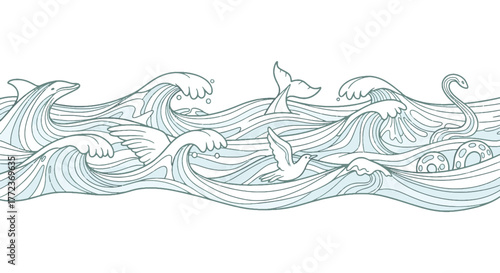 Dynamic Ocean Waves Seamless Pattern with Hidden Marine Creatures and Elegant Line Art Design