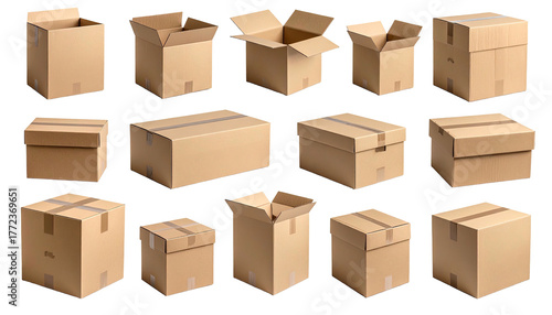 Several brown, empty cardboard boxes sit against a black background