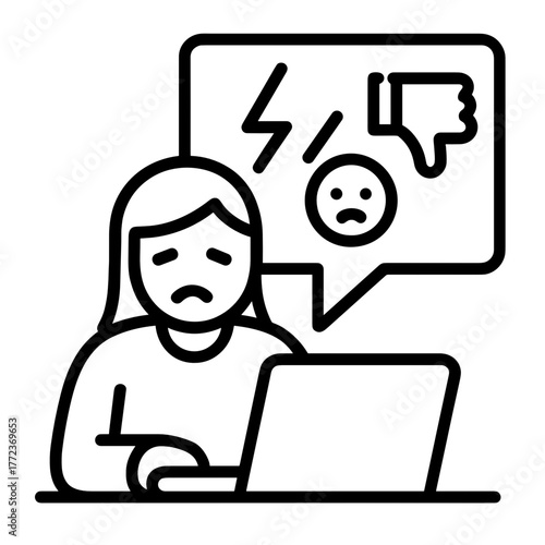 Cyberbullying icon – Sad girl receiving online abuse on laptop