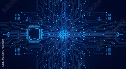 Intricate blue circuit board network with central processor