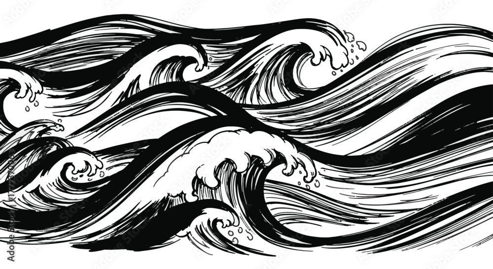 Fototapeta premium Artistic Illustration of Crashing Ocean Waves in Monochrome, Capturing the Raw Energy of the Sea