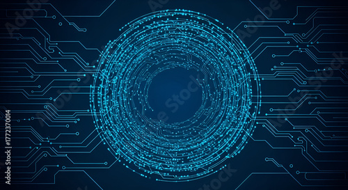 Swirling Blue Digital Vortex with Circuit Board Elements