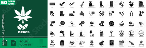Drugs Solid Editable Icons set. Vector illustration in modern thin solid style of drugs icons: addict, cannabis, ecstasy, etc