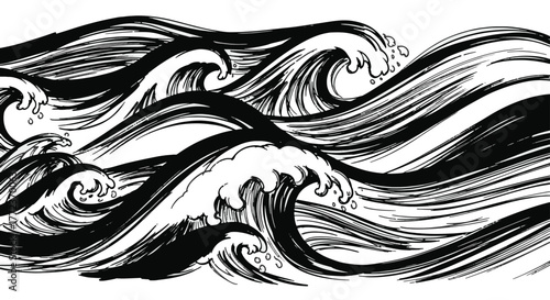 Artistic Illustration of Crashing Ocean Waves in Monochrome, Capturing the Raw Energy of the Sea