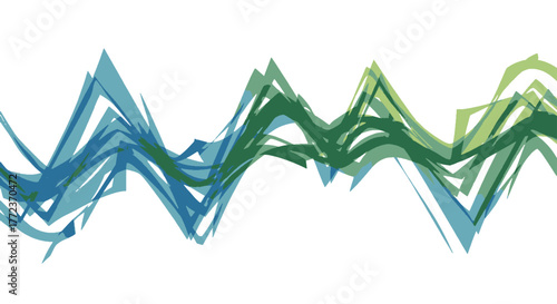Dynamic abstract graphic featuring a complex array of fluctuating blue and green lines across a pristine white canvas