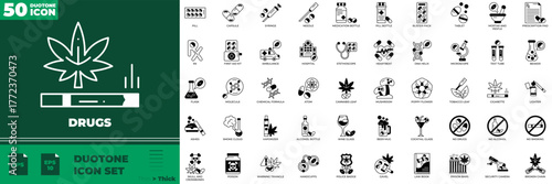 Drugs Duotone Editable Icons set. Vector illustration in modern thin duotone style of drugs icons: addict, cannabis, ecstasy, etc