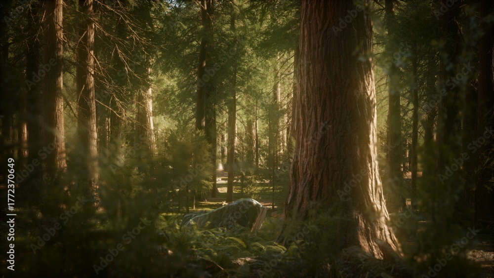 Naklejka premium Sunlight shines through towering trees, casting soft shadows on the forest floor. Ferns and underbrush create a serene atmosphere in this peaceful woodland setting. Natural beauty abounds.