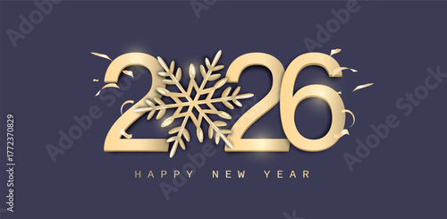 2026 Happy New Year Greeting Banner. Christmas Holiday Banner with Golden numbers date 2026 on matte color Festive Background.