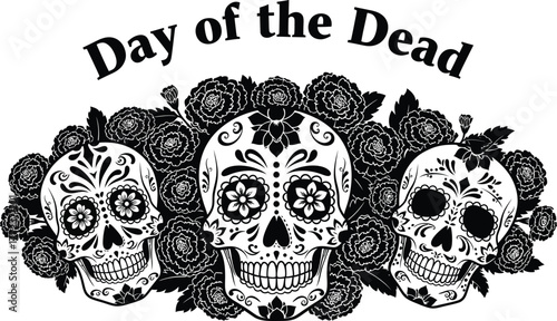 Day of dead sugar skulls with roses for celebration and traditional Mexican holiday
