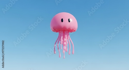 Cute pink cartoon jellyfish character floating serene in a clear blue sky