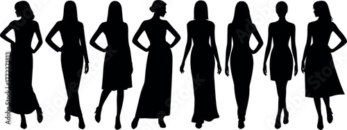 Fashion Silhouette Collection of Woman in Dresses Black and White Graphic