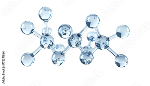 Clear sphere molecular structure on black, connected by thin rods