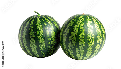 Two whole, round watermelons with dark green stripes