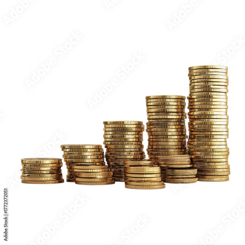 Gold coins are arranged in varying heights, illustrating growth and prosperity in a business or financial setting