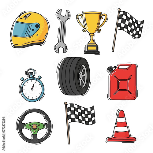 Hand drawn collection of car racing and motorsport elements.