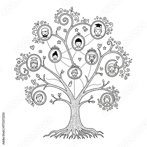 Hand drawn whimsical family tree with ancestor portraits for genealogy.
