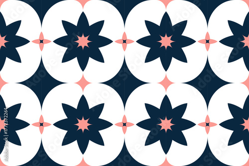 Geometric Pattern with Floral Elements in Navy Blue, White, and Pink Colors for Fabric Design