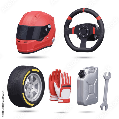 Comprehensive set of realistic car racing equipment and accessories isolated on white.