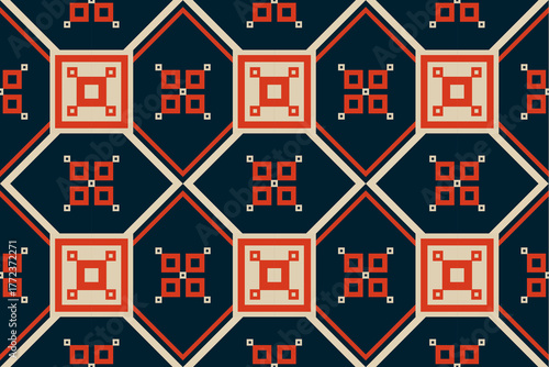 Geometric Pattern Design with Diamond Shapes in Red and Beige Against Dark Blue Background