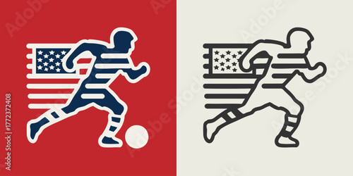 Modern abstract soccer player logo with USA flag pattern symbolizing American sports pride