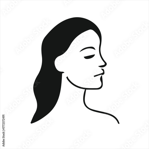 Minimal woman face profile illustration, elegant black and white female portrait
