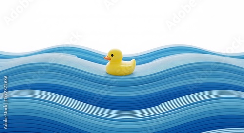 A single yellow rubber duck floats serenely on wavy blue water against a white background