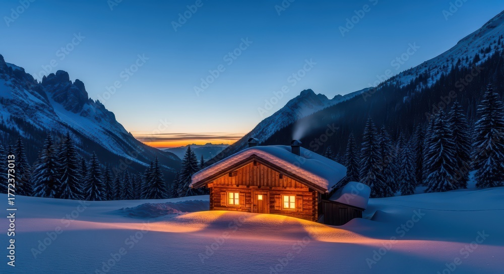 Fototapeta premium Cozy cabin in snowy mountain landscape at sunset