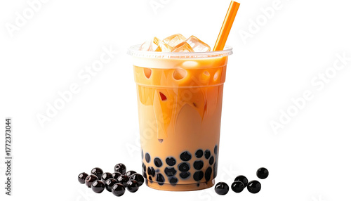 Thai iced tea in a clear plastic cup, pearls scattered