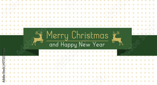 Festive green banner with golden reindeer and text wishing Merry Christmas and Happy New Year on a white background.