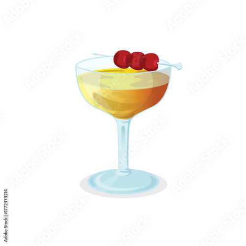 A refreshing classic Manhattan cocktail with cold ice cubes and sweet cherries, perfect for restaurant or bar menu design or summer themed design.
