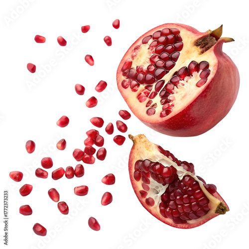 Falling pomegranate seeds isolated on white background. Top view.