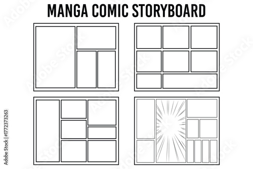 Manga comics layout panel template with frame, page design showing action and speed lines. Set of collage grid manga comic storyboard layout panel blank template. Empty page frame for comic book, phot