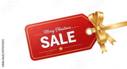 Vibrant Red Merry Christmas Sale Price Tag with Shiny Gold Ribbon and Star Element