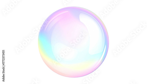 Iridescent bubble floating, rainbow sheen, isolated on black