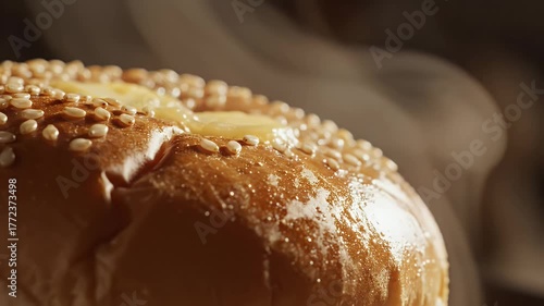 A close-up view of a golden-brown burger bun topped with sesame seeds and melting butter