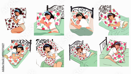 A collection of illustrations depicting a young woman in various sleeping positions, surrounded by floral bedding and a comfortable atmosphere.