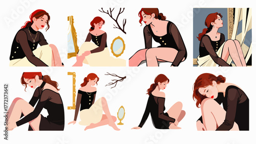 A collection of stylized illustrations showcases a pensive woman in various poses, with elegant details and a touch of artistic flair.