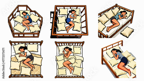 A woman sleeps soundly in various bed arrangements, surrounded by numerous pillows, illustrating comfort and relaxation in different positions.