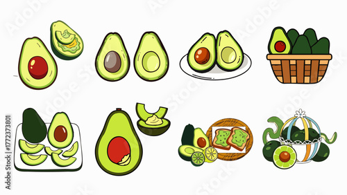 A vibrant collection of illustrated avocados in various forms, showcasing their versatility and deliciousness in a healthy lifestyle.