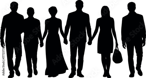 Group of people silhouettes walking together holding hands in unity