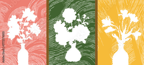 Hand drawn brush lines set of silhouette floral vase still life, Japanese minimalism wood carving, block print colorful texture background, simple graphic for decoration and design project
