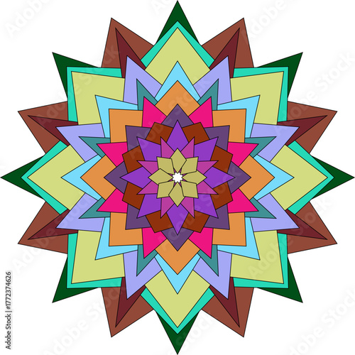 Colorful Geometric Mandala Pattern with Radial Symmetry and Layered Shapes