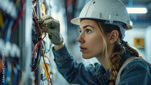 配線、作業をしている女性