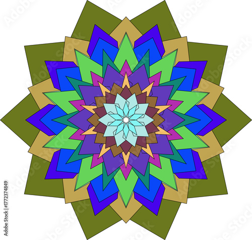 Intricate Geometric Mandala Design with Vibrant Colors and Sharp Geometric Shapes