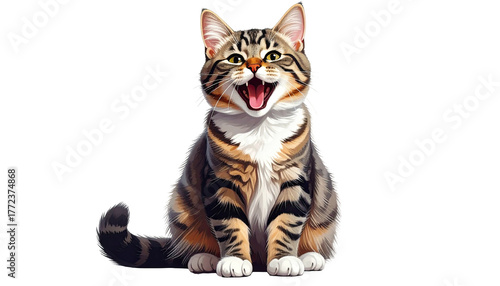 Smiling tabby cat with mouth wide open, vibrant and cartoonish
