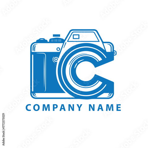 Blue vector logo merging a vintage camera silhouette with a stylized letter C lens design.
