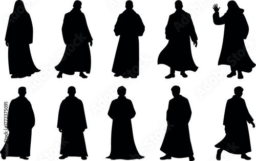 Silhouette figures wearing robes or cloaks in various poses vector illustration