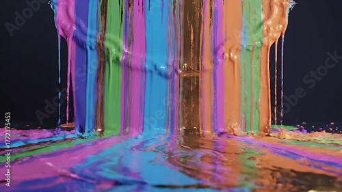 A vibrant cascade of colorful liquid, dripping and pooling, with a glossy, reflective surface